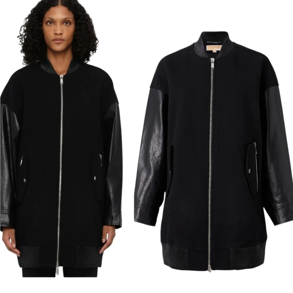 NWT Michael Kors Black Oversized Mixed Media Faux Leather Bomber Jacket S